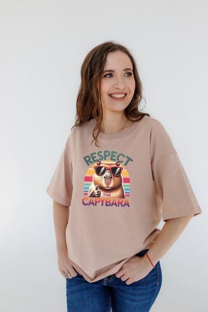 Футболка оверсайз "Respect the capybara" - XS, бежевий 4623 фото